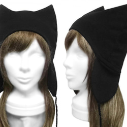 シンプル 耳あて付 猫耳帽子(ゆったり)◆コットンニット／ブラック　◇長いシーズン着用◇ 1枚目の画像