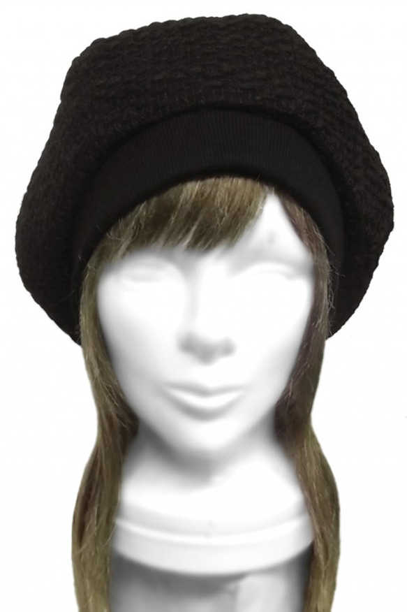 ウール甘織スラブツイード/リブ付ベレー帽(ゆったり)◆黒 1枚目の画像