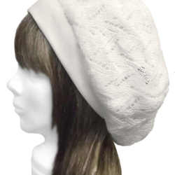 透かし織ウールニット／リブ付ベレー帽(ゆったり)◆オフホワイト 3枚目の画像