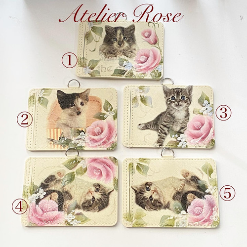 ♡再販しました。可愛いネコと手描きの薔薇のパスケース カードケース 