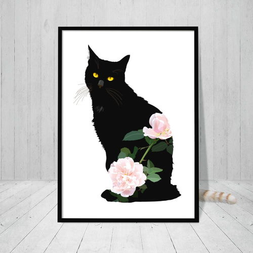 原画#2267 薔薇花黒猫水彩画ドローイングインテリアイラスト絵画