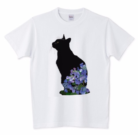 083 黒猫紫陽花 Tシャツ【男女兼用タイプ】 1枚目の画像