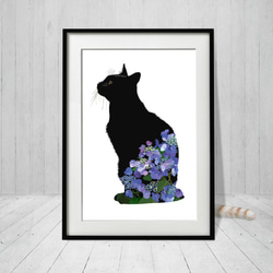 黒猫@ 【イラストオーダー】 083_黒猫紫陽花イラストプリント_A4/A3/A2/A1サイズ イラスト iwaimura