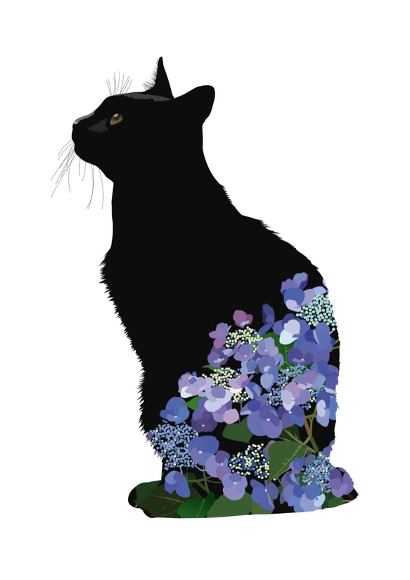 083_黒猫紫陽花イラストプリント_A4/A3/A2/A1サイズ 4枚目の画像