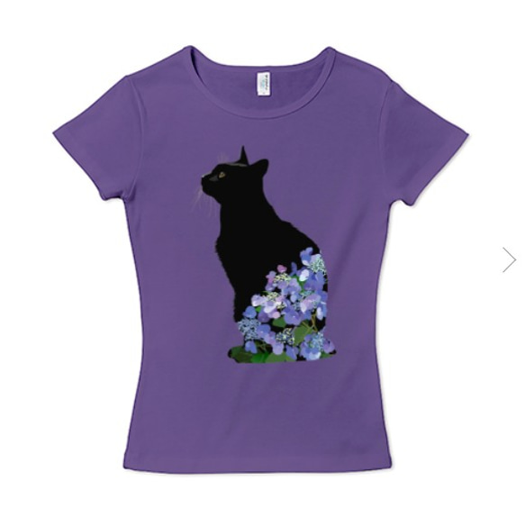 [NEW]黒猫とあじさいTシャツ レディースタイプ［対応サイズ:S～XL］ 2枚目の画像