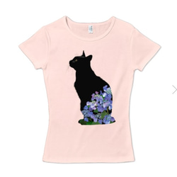 [NEW]黒猫とあじさいTシャツ レディースタイプ［対応サイズ:S～XL］ 3枚目の画像