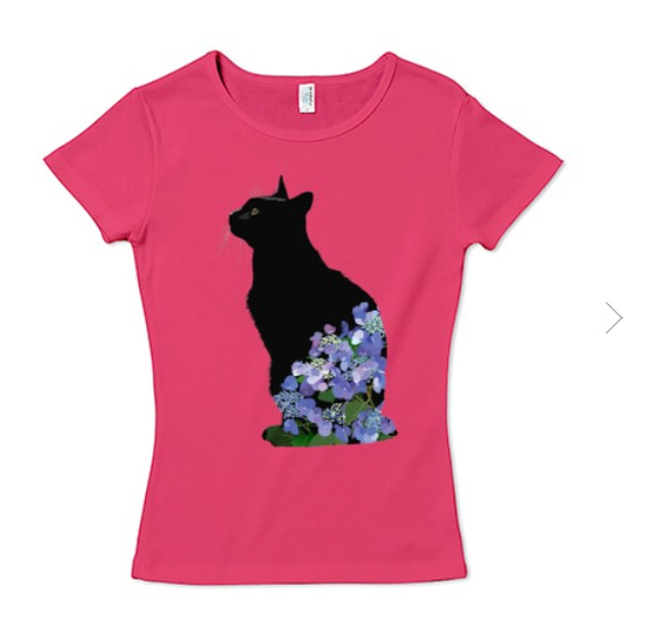 [NEW]黒猫とあじさいTシャツ レディースタイプ［対応サイズ:S～XL］ 5枚目の画像