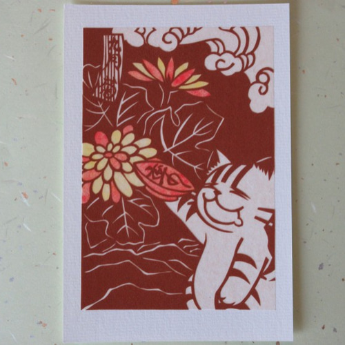花札モチーフ 切り絵ポストカード 九月 菊 ポストカード mimiねこ 通販