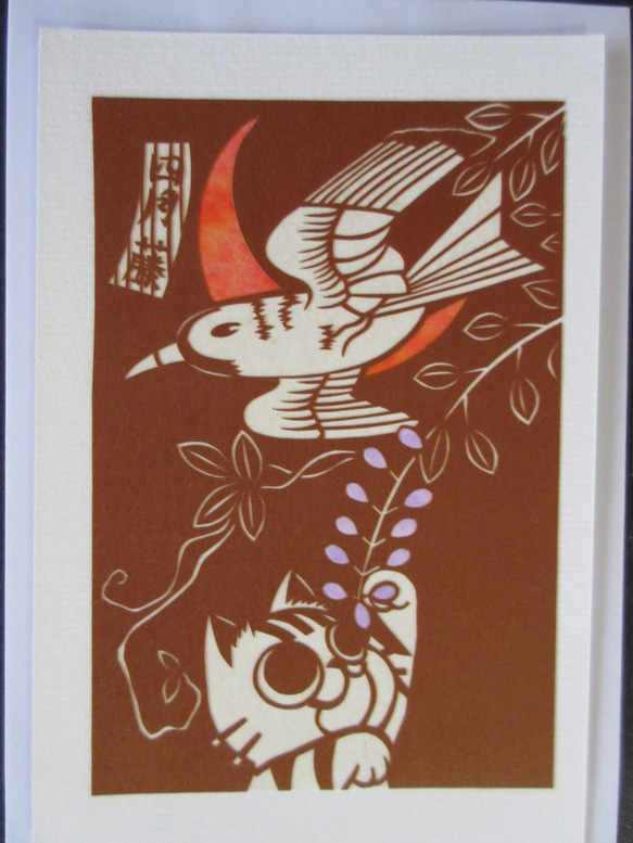 切り絵ポストカード　花札モチーフ　四月　藤 1枚目の画像
