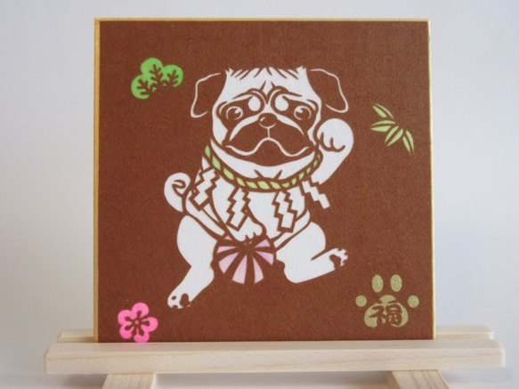 切り絵豆色紙　パグ招き犬「吽」 1枚目の画像