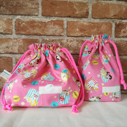 お弁当袋&コップ袋セット・猫とポップコーン柄(ピンク)【入園入学・女の子】 2枚目の画像