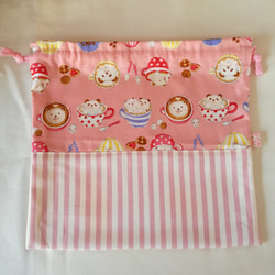 中サイズ巾着袋・パンダ&クマのカフェ柄(ピンク)【入園入学・女の子】 3枚目の画像