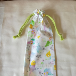 歯ブラシ袋・お箸袋　鳥と花柄(黄緑)【入園入学　女の子】 2枚目の画像