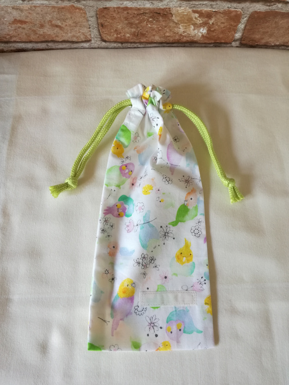 歯ブラシ袋・お箸袋　鳥と花柄(黄緑)【入園入学　女の子】 2枚目の画像