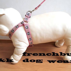 セール中★フレブル柄ハーネス＆リードピンクフレンチブルドッグフレブル小型犬中型犬 1枚目の画像