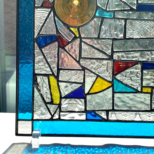 幾何学模様のパネル 青系 ステンドグラス サンキャッチャー 陽だまり