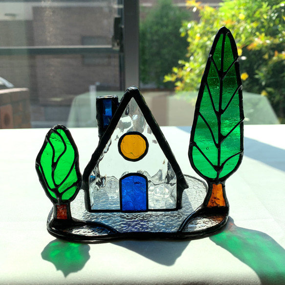 ネイビー屋根のお家　ハウス,ガラス,小物,インテリア,プレゼント,癒し,ステンドグラス, 6枚目の画像