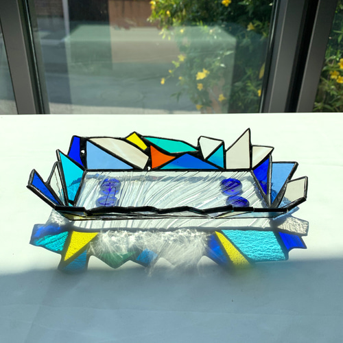 幾何学アートな小物入れ ブルー系 ステンドグラス フリーボックス