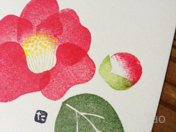 no.34『ツバキ』・季節の草花で彩る手捺し原画ポストカード（2枚入り） 3枚目の画像