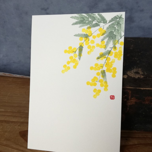 no.4『ミモザ』・季節の草花で彩る手捺し原画ポストカード（2枚入り