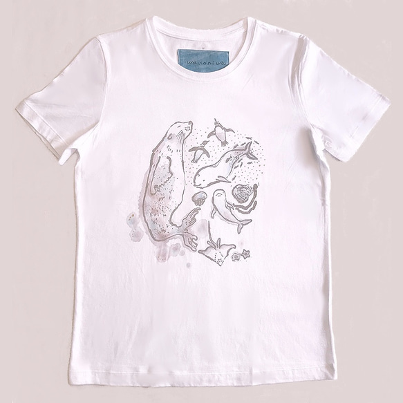 【オーガニック綿】水族館Tシャツ レディースM 手描き 半袖 1枚目の画像
