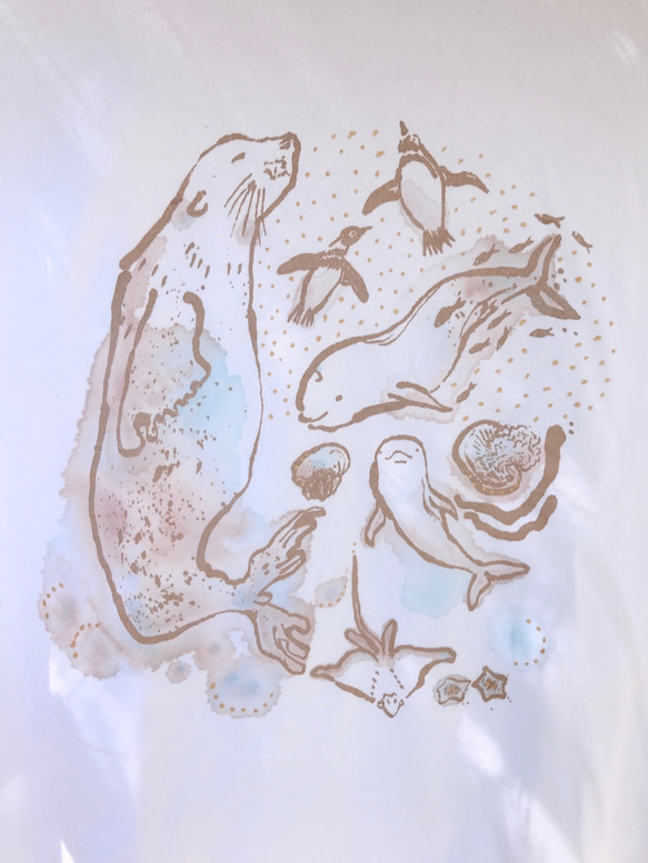 【オーガニック綿】水族館Tシャツ レディースM 手描き 半袖 4枚目の画像