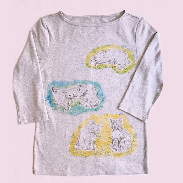 【訳あり値引 オーガニック綿】草食べ猫Tシャツ レディースM 手描き 七分袖 1枚目の画像