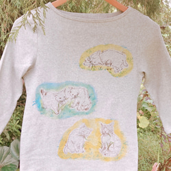 【訳あり値引 オーガニック綿】草食べ猫Tシャツ レディースM 手描き 七分袖 2枚目の画像