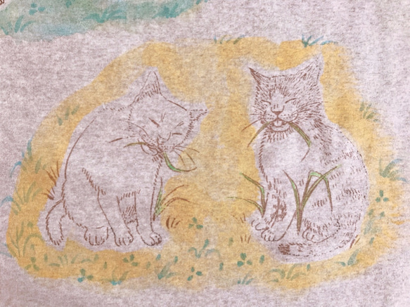 【訳あり値引 オーガニック綿】草食べ猫Tシャツ レディースM 手描き 七分袖 4枚目の画像