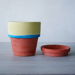 黄色と青とレンガ色の植木鉢＋トレイ　Tricolor flower pot　L Yellow ナチュラルアートインテリア 3枚目の画像