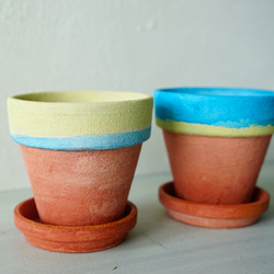 青と黄色とレンガ色の植木鉢＋トレイ　2個セット　Tricolor flower pot　S Blue+Yellow 2枚目の画像