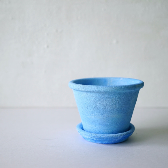 ウォッシュブルー青い植木鉢　ポットS＋トレイ　wash blue flower pot　青いインテリア 7枚目の画像
