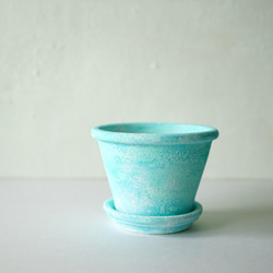 ミントブルー青い植木鉢　ポットS＋トレイ　mint blue flower pot　青いインテリア 3枚目の画像