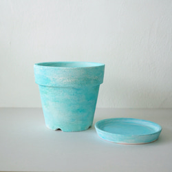 あち様　オーダー品　ミントブルーの植木鉢　リム型ポットL＋トレイ　mint blue flower pot 1枚目の画像