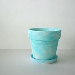 変化するミントブルーの植木鉢　リム型ポットL＋トレイ　mint blue flower pot 3枚目の画像