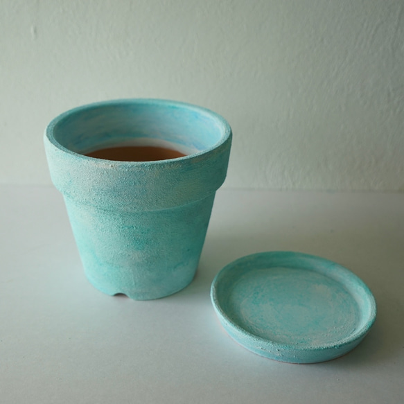 変化するミントブルーの植木鉢　リム型ポットL＋トレイ　mint blue flower pot 6枚目の画像