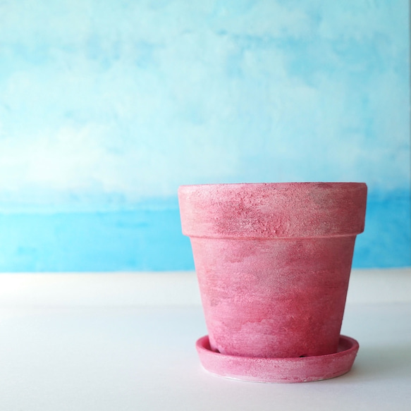ラズベリー色の植木鉢　リム型ポットL＋トレイ　 Juicy Raspberry flower pot やさしい手ざわり 2枚目の画像