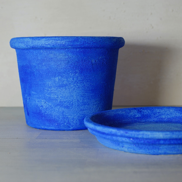 シャウエンブルー青い植木鉢　プリン型ポットL＋トレイ　chaouen blue flower pot 1枚目の画像