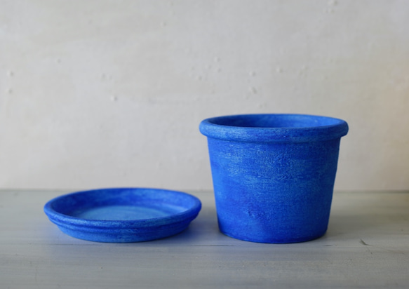 シャウエンブルー青い植木鉢　プリン型ポットL＋トレイ　chaouen blue flower pot 2枚目の画像