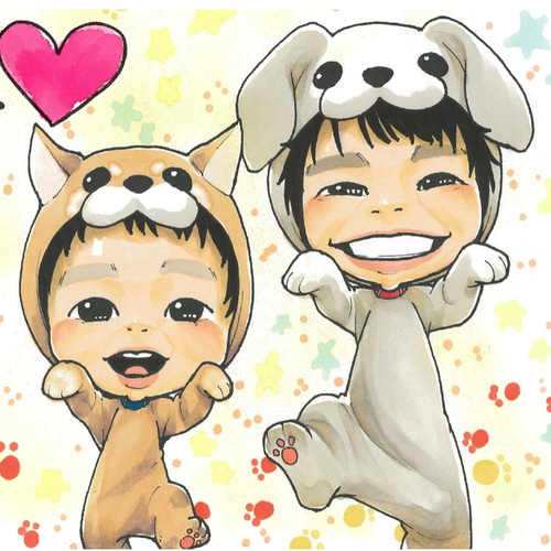 似顔絵オーダー　似顔絵　ウェディング　A4サイズ　三名様　A4サイズ犬 似顔絵 ウエディング 記念日 お祝い 子供 犬 絵画 似顔絵もみじ