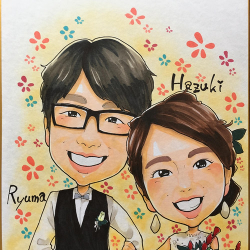 似顔絵オーダー　似顔絵　ウェディング　A4サイズ　三名様　A4サイズ犬 Happy Wedding ! 大切な家族も一緒に ウェルカムスペースでお