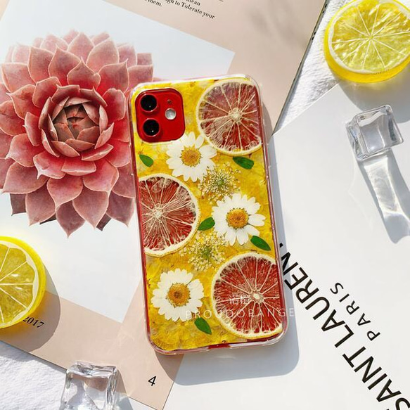 カモミュル&レモン 押し花 ドライフルーツ iPhoneスマホケース スマホケース 5枚目の画像