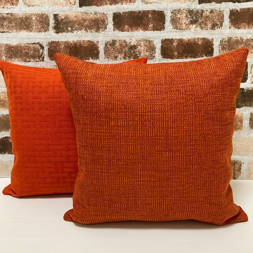 北欧家具にもあう織物調チェック柄クッションカバー オレンジ 45×45