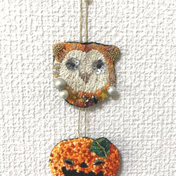 【受注生産】ハロウィン フクロウのビーズ刺繍 連結式 壁掛けオーナメント 4枚目の画像