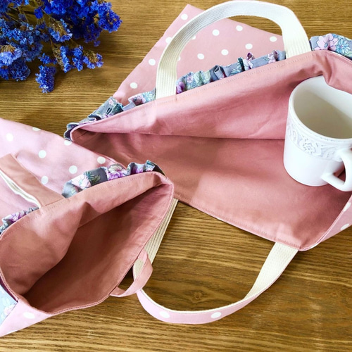 Sale】フリルシューズバッグ ピンクドットxフラワーグレー 上履き袋 