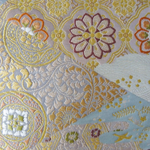 美品 西陣織 菊 松 笹 桜 梅 華々 正絹 袋帯 二重太鼓 作り帯 すぐに結べる「さくら造り帯」 西陣織袋帯の二重太鼓 D-215 着物 無何