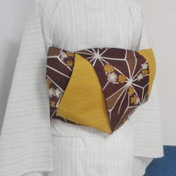 すぐに結べる「さくら造り帯」茶色い半幅帯の変わり結び H-4 着物 無何