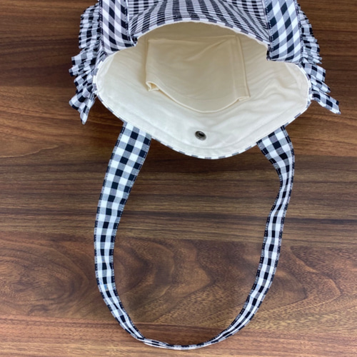 コットン100% 】ギンガムチェック フリル トート バッグ 内ポケット