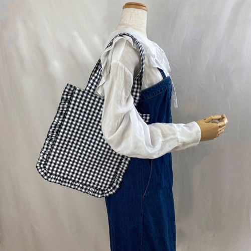 コットン100% 】ギンガムチェック フリル トート バッグ 内