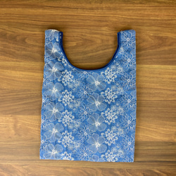 再販【折りたためる】デニム　刺繍　エコ　バッグ　サブ　収納可能　一体型内ポケット付　ネイビー　ブルー 3枚目の画像